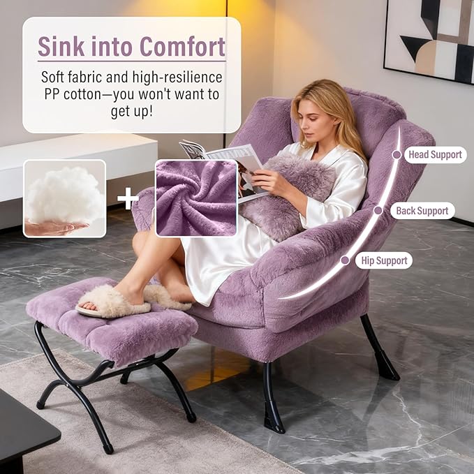 Oversized Chair with Ottoman, Modern Chair with Folding Footrest, Lounge Accent Chair, Comfortable Reading Chair for Bedroom, Study, Living Room, Courtyard (Plush Purple)