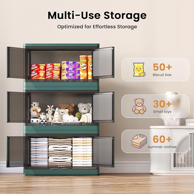 19Gal Collapsible Storage Bins with Lids & Wheels - 3 Pack Stackable with Doors, Heavy-Duty Plastic Containers for Home/Office, Green