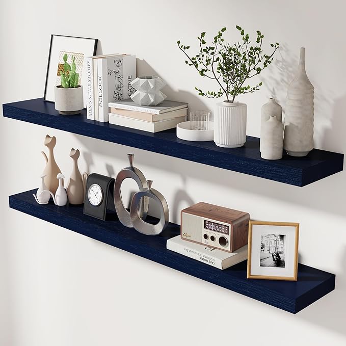 Dark Blue Floating Shelves 48 Inch, Solid Wooden Wall Shelves Set of 2, Rustic Floating Wall Shelves for Decor & Storage for Living Room Bedroom Bathroom