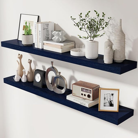 Dark Blue Floating Shelves 48 Inch, Solid Wooden Wall Shelves Set of 2, Rustic Floating Wall Shelves for Decor & Storage for Living Room Bedroom Bathroom