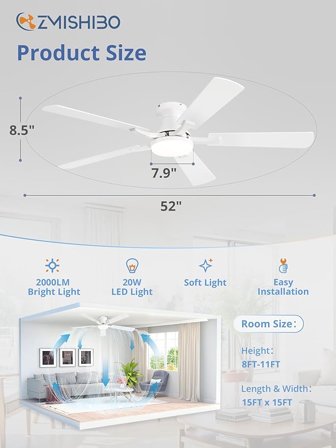 ZMISHIBO 52 Inch Ceiling Fan with Light, App&Remote Control, Flush Mount Low Profile, Dimmable 20W LED Light, Quiet Reversible Motor for Bedroom, Living Room, Apartment, White