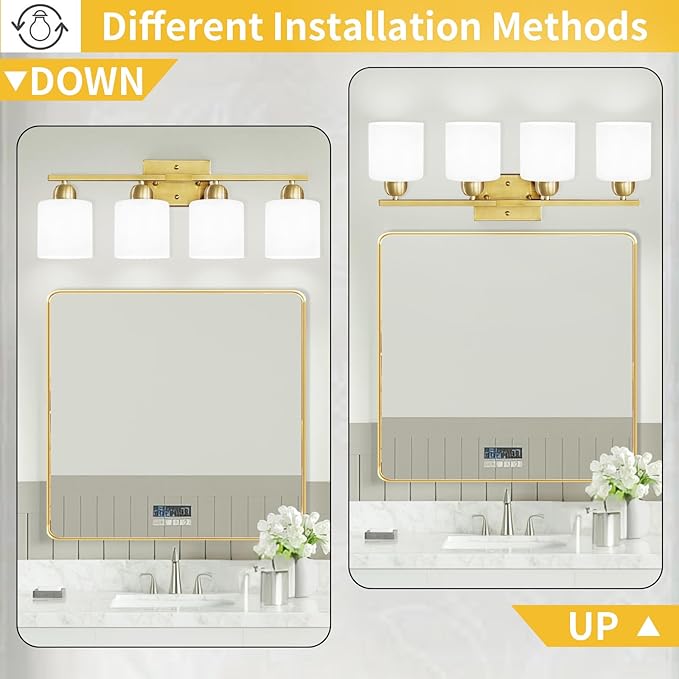 4 Light Gold Light Fixture Bathroom, Brushed Gold Vanity Light with Milky White Frosted Glass Shades, Lights for Bathroom Mirror for Living Room Bedroom Hallway E26 Base