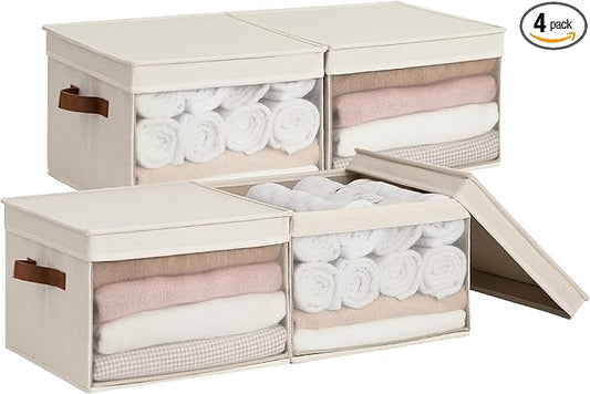 StorageWorks Storage Bins with Lid and Clear Window, Fabric Storage Boxes with Lids, Stackable Basket for Shelves, Closet Organizer and Storage Bins, Beige, Large, 4-Pack