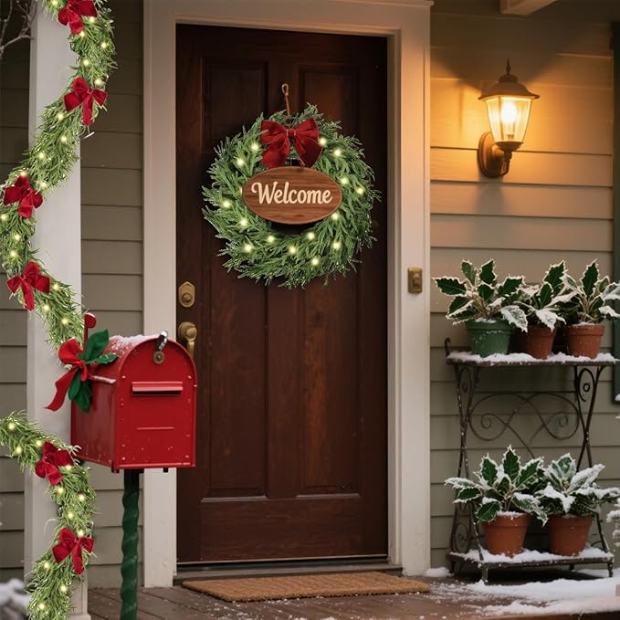 9ft Christmas Garland with Lights,Lighted Norfolk Pine Garland for Mantle,Prelit Real Touch Artificial Green Christmas Winter Garland with Large Burgundy Velvet Bow for Indoor Outdoor Decor