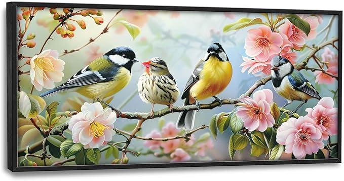 Bird Large Framed Wall Art Spring Flower Branch Pictures Birds Nature Oversized Wall Decor Canvas Print Painting Aesthetic Modern Artwork for Living Room Bedroom Office Bathroom Home Decor 60L x30W
