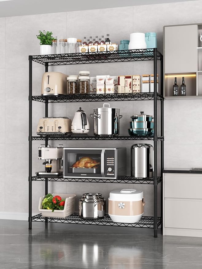5 Tier Adjustable Storage Shelves Heavy Duty Metal Utility Shelf 1750LBS Capacity Wire Shelving Unit Organizer Rack for Home Kitchen Garage Pantry Room 18" D x 46" W x 77" H Black