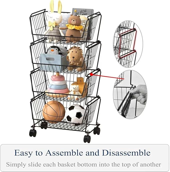 PUSDON Stackable Metal Storage Carts, Dual Use Shelf for Kitchen Fruit Vegetable Baskets with Wheels, Storage Rack for Living Room, Home & Office, Standard Black 6 Tiers