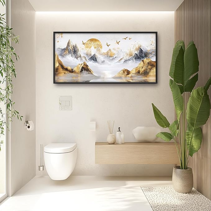 Extra Large Framed Abstract Mountain Wall Art,Golden Silver Sun Bird Wall Decor,Mountain Landscape Pictures for Living Room,Canvas Print Painting Modern Artwork Bedroom Office Bathroom 60L x30W