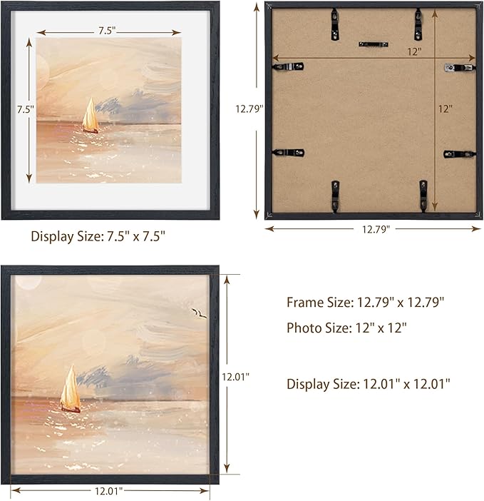12x12 Picture Frame in Black, Square 12 x 12 Frame Set of 3, Natural Oak Wood Frame 12 by 12, 12x12 Frame with Mat of 8x8, 12"x12" Wood Frame with Tempered Glass, Wall Collage Frame 12 by 12