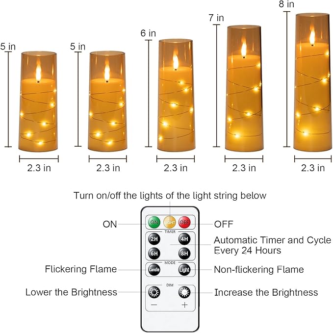 Raycare Flameless LED Candles with Embedded Star String, 5 Pcs Battery Operated Acrylic Pillar Candles with Timer and Remote, Flickering Candle for Romantic Ambiance and Home Decoration(Glod)