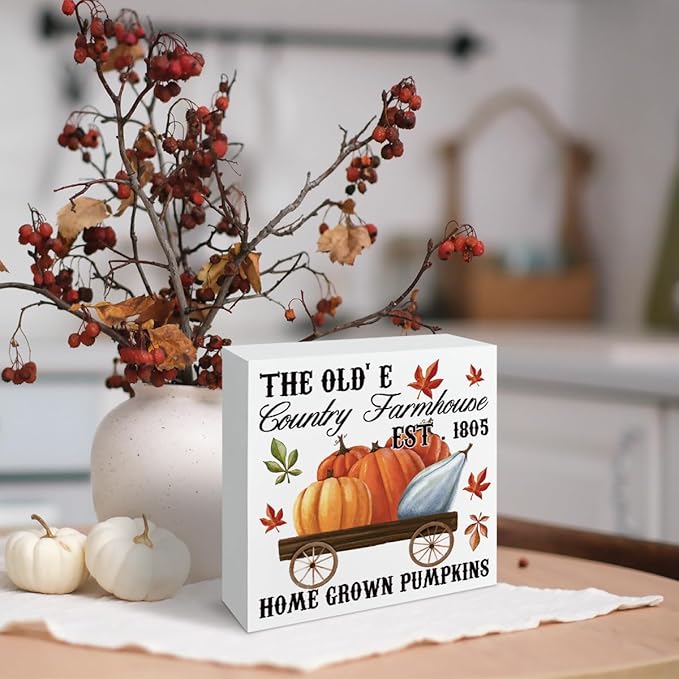 Country Style Fall Decor, Pumpkin Harvest Decors, Autumn Artwork, Farmhouse Home Farm Decors for Table Shelf, Rustic Wooden Box Sign, The Old's Country Farmhouse Wood Signs A4