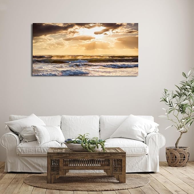 Sunset Ocean Canvas Wall Art - Ocean Waves Wall Decor Glow Sea Scene Picture Painting Nature Landscape Prints Sunset Over the Ocean Painting Artwork Living Room Bedroom Office Home 24" x 48"