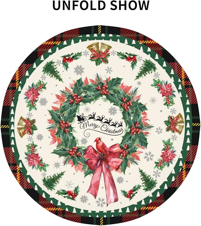 Kawani Merry Christmas Tablecloth Round 60 Inch Ruitic Red Buffalo Plaid Xmas Table Cloth Waterproof Farmhouse Flower Bird Tablecloths Decorative for Holiday Home Party Wedding Picnic