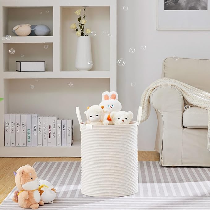 VIPOSCO Tall Laundry Basket, Large Dirty Clothes Hamper with Leather Handle, Woven Rope Storage Basket for Blanket, Toy In Living Room, Bathroom, Bedroom - 53L White