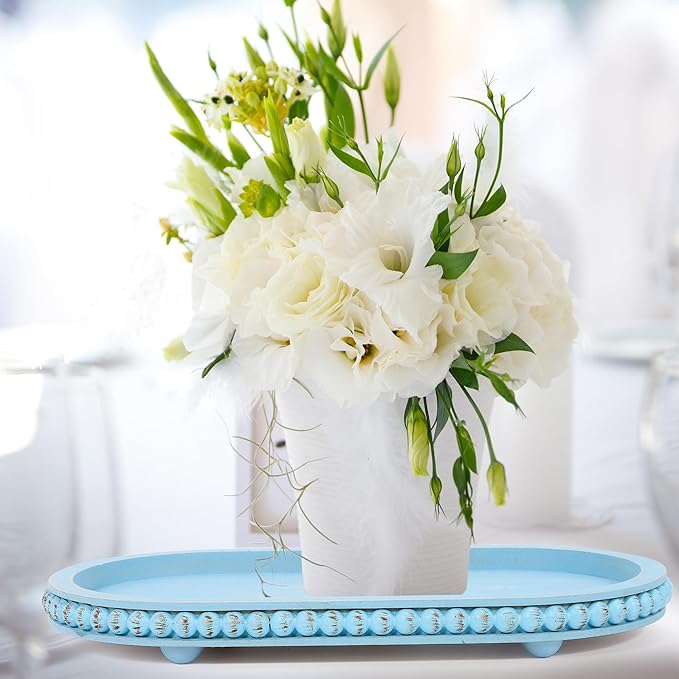 HPC Decor 15in Oval Light Blue Wood Beaded Tray for Home, Decorative Serving Tray, Rustic Farmhouse Wooden Trays for Vintage Centerpiece, Kitchen Counter, Living Room, Coffee Table