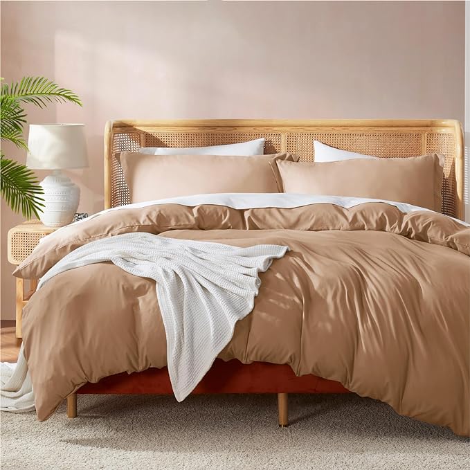 Nestl California King Duvet Cover Set with Comforter Insert - Mocha Brown 4 Piece 104x98 Duvet Cover & 2 Pillow Shams with White Quilted Down Alternative Comforter, Ultra Soft, All Season