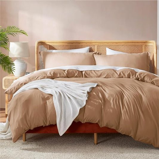 Nestl California King Duvet Cover Set with Comforter Insert - Mocha Brown 4 Piece 104x98 Duvet Cover & 2 Pillow Shams with White Quilted Down Alternative Comforter, Ultra Soft, All Season