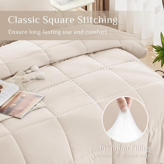 JOLLYVOGUE Twin XL Comforter Set, Ultra-Soft Bed in a Bag Twin XL Size 5 Pieces, Oeko-TEX Certified Bedding Set with Down Alternative Comforter, Sheets, Pillowcases & Shams, Beige