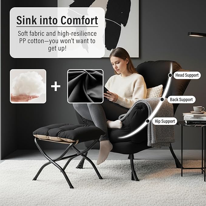 Modern Lazy Chair with Folding Footrest, Lounge Accent & Comfortable Reading Chair (Black)