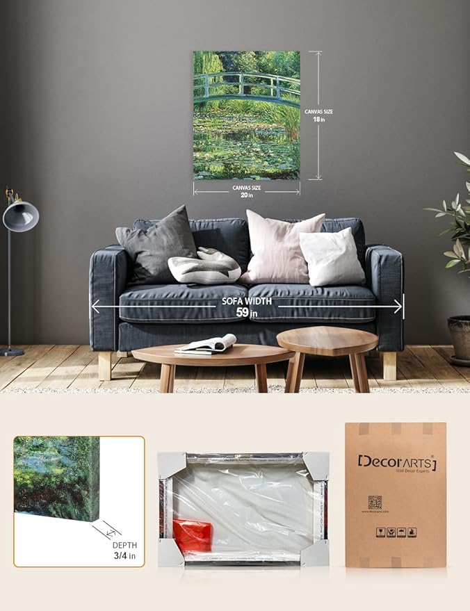 DECORARTS - The Japanese Bridge (The Water-Lily Pond), Claude Monet Art Reproduction. Giclee Canvas Prints Wall Art for Home Decor 24x20