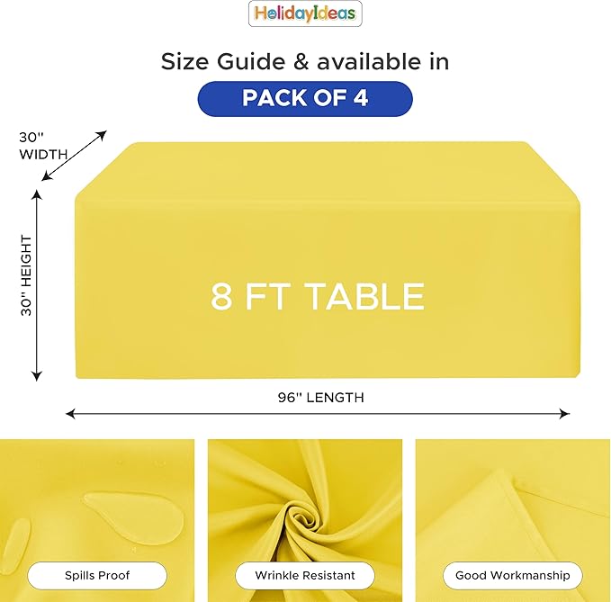 HolidayIdeas Fitted Tablecloths for 8 Foot Rectangle Table, Wrinkle Resistant Washable Table Cover 30x96 Inch for Vendor Booth Display, Banquet, Trade Show, Yellow, 4 Pcs