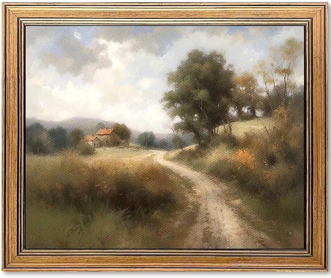 Framed Vintage Wall Art Classical Oil Painting Country Road Canvas Print Kitchen Living Room Farmhouse Wall Decor (Rural Trail, 16L x 12W)