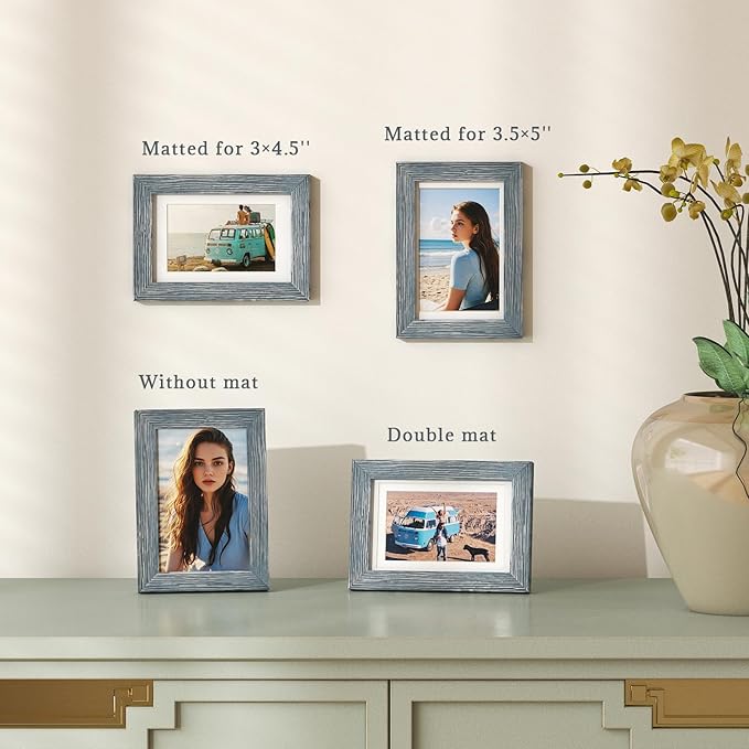 Egofine 4x6 Picture Frames Set of 4, Made of Solid Wood Covered by Plexiglass 3.5x5 with Mat or 4x6 without Mat, for Table Top Display and Wall Mounting Photo Frame Rustic Blue