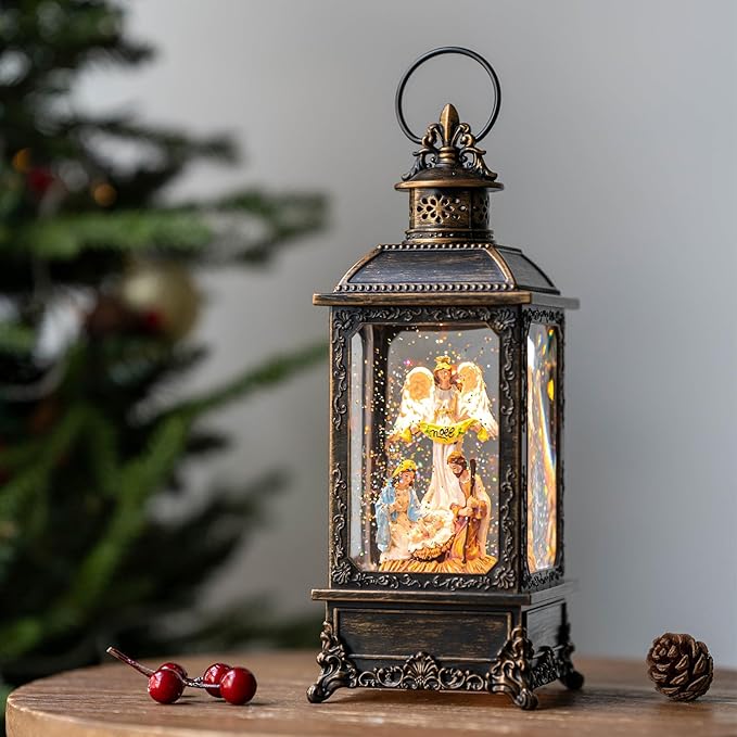 Christmas Snow Globe Swirling Glittering Angel & Nativity Scene with Music, USB Lined/Battery Operated Lighted Water Lantern for Christmas Festival Decoration Gifts