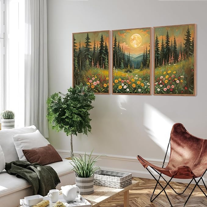 CHDITB Moonlit Forest Floral Framed Canvas Wall Art Set, Nature Inspired Wall Decor, Mystical Midnight Spiritual Wall Painting, Vintage Mountain Landscape Art Prints for Living Room, Bedroom, 16"x24"