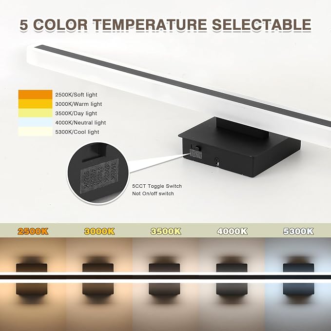 31.5 Inch 5 Color Adjustable Vanity Lights Over Mirror Vanity Lighting Fixtures for Bath Matt Black Bathroom Light Fixtures Over Mirror Black Led Modern Light Bar 5CCT