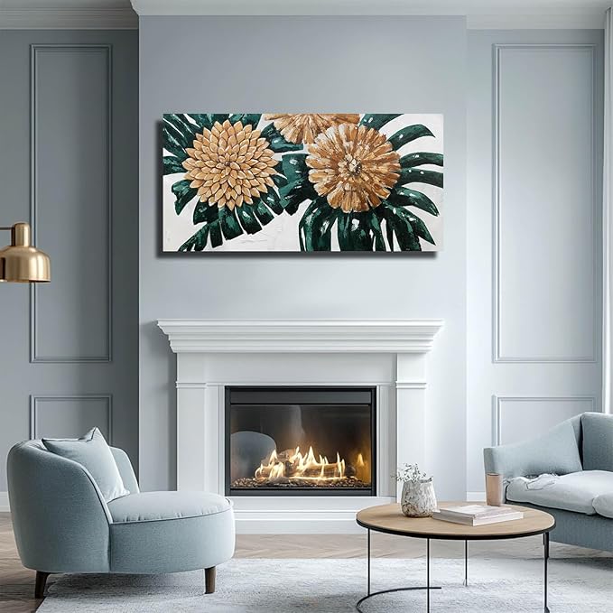 Botanical Canvas Art Gold Flowers Painting Dark Green Leaves Wall Art Photo Prints for Dining Room Office 24x48 Inch Rustic Home Decor