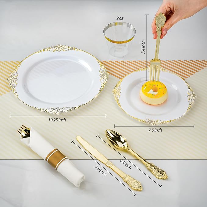 700PCS Gold Plastic Plates for 100 Guests, Disposable Dinnerware Sets Include 200 Gold Rim Plastic Plates, 100 Silverwares, 100 Cups, and 100 Pre Rolled Napkins for Party, Wedding
