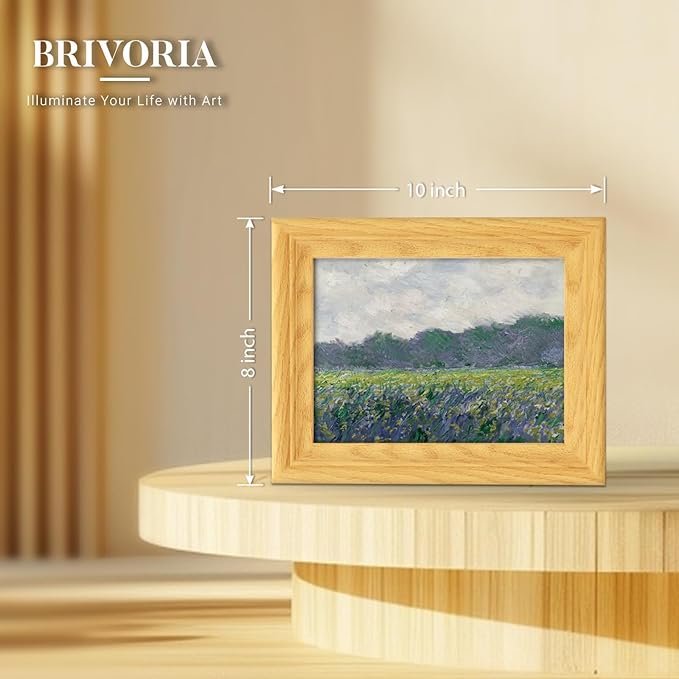 Brivoria Framed Canvas Wall Art Vintage Decor, Impressionist Field Scene with Yellow Irises Purple Wildflowers and Cloudy Sky for Kitchen Entryway Shelf Display or Tabletop Decoration, 8"x10"