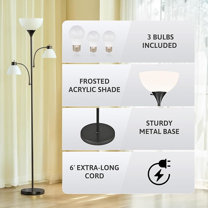 VONLUCE 71" Floor Lamp, Standing Lamp with Adjustable Reading Lights & 3 Bulbs, Modern Torchiere Floor Lamp with 3 Color Temperatures, Tall Lamp for Living Room Bedroom Corner, Black