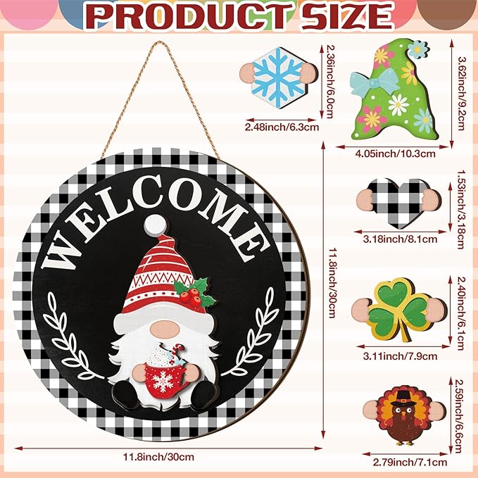 Qunclay Interchangeable Wooden Gnome Decor Holiday Seasonal Gnome Decorations with Magnet Pieces and Detachable Hats Changeable Welcome Sign for Home(Trendy Style)