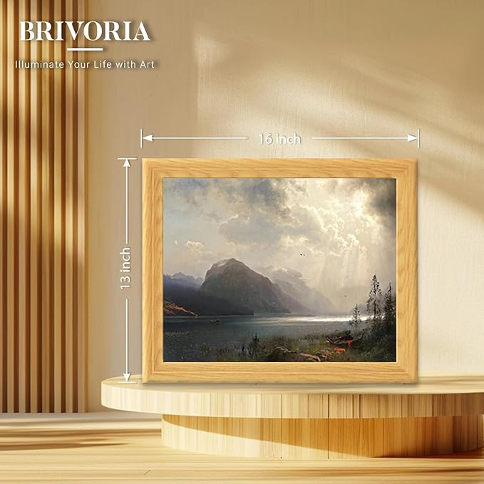 Brivoria Framed Canvas Wall Art Vintage Decor, Dramatic Mountain Scene with Dark Forest Canoes and Cloud Break Above Lake for Hallway Dining Room or Nature-Inspired Wall Decoration, 13"x16"