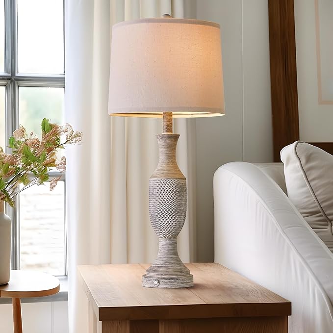 OYEARS 27.75”Touch Table Lamp 3 Way Dimmable Free Control,Beside Lamps with USB Ports Outlets,Lamp Bedroom Set 2,Farmhouse Lamp for Bedroom,Living Room,Vintage Office Linen Fabric Shade Resin Base