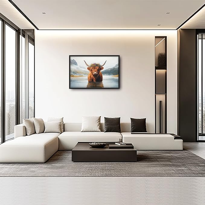 Framed Large Wall Art for Living Room, Highland Cow Canvas Wall Decor, Large Mountain Animal Pictures Framed Painting, Natural Landscape Artwork for Bedroom Office Home Decor 36L'' × 24W''