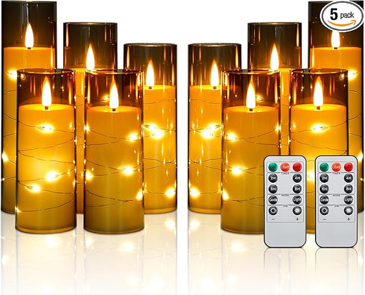 Enido 10 Pc Flameless LED Candles with Remote & Timer, Battery Operated Acrylic Pillar Set, Flickering Electric Lights with Embedded Star String for Cozy Home & Holiday Romantic Decor (Grey)
