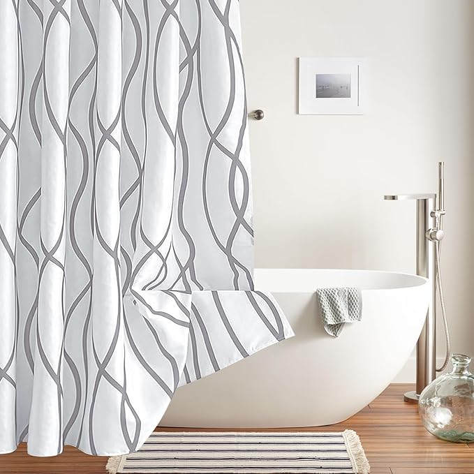 Biscaynebay Textured Fabric Shower Curtain 72 Inches by 72 Inches, Silver Grey Striped Printed Linen Modern Hotel Luxury Quality Cloth Bathroom Curtains Machine Washable