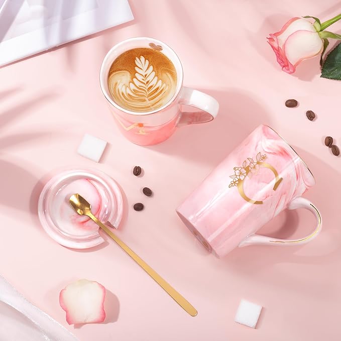 Personalized Gifts for Women Coffee Mug, 14 Oz Pink Initial Customized Mugs with Flower, Birthday Gifts for Women, Cool Mug Christmas Mother's Day Gift for Her Wife Mom Grandma Friend Sister Unique,C