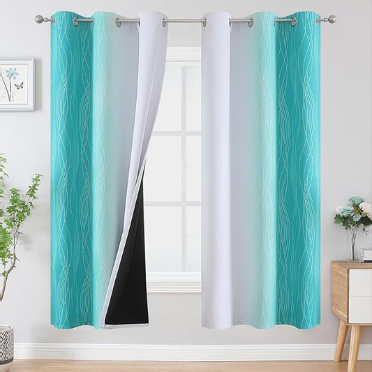Estelar Textiler Teal and Greyish White Ombre Blackout Curtains 72 Inches Length for Bedroom, Thermal Insulated Light Blocking Grommet Gradient Blackout Drapes for Living Room, 42Wx72L, 2 Panels