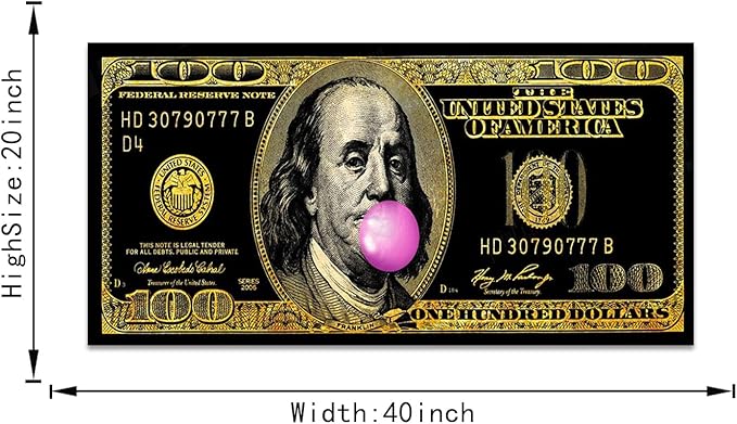 Black Golden Inspirational Office Canvas Art Benjamin Franklin 100 USD Dollar Funny Pop Wall Art Abstract Creative Money Artwork Gift Choice for Men Workplace Gym Decor Framed Easy to Hang-40 Wx20 H