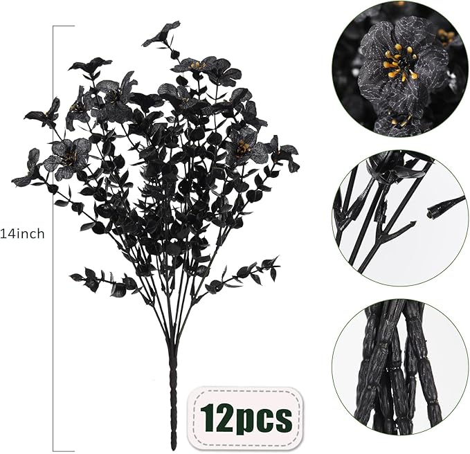 RECUTMS Artificial Black Flowers Realistic Artificial Plants Halloween Fake Flowers No Fade Outdoor Flower UV Resistant Faux Plant Outdoor Faux Shrubs Fake Plants for Halloween Patios Balcony (Black)