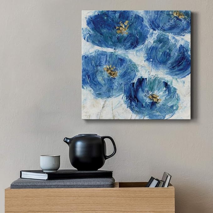 Wexford Home Square Premium Gallery Wrapped Canvas Flower Multicolor Wall Art Abstract Floral Romance Modern Pictures Print for Home Office, Ready to Hang, blue floral fleck, 10x10