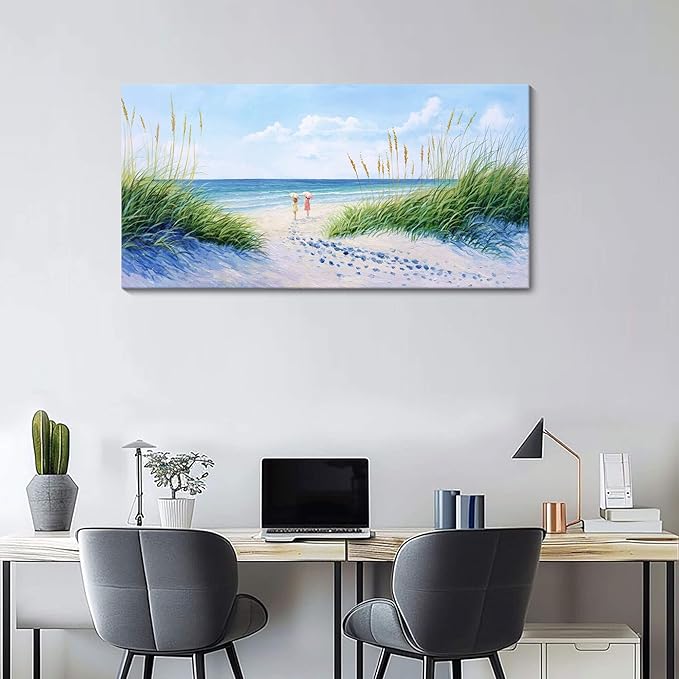 YCPRIMER Coastal Wall Art - Large Landscape Wall Art for Living Room, Bedroom Pictures, Ocean Beach Artwork, Blue Wall Art, Above Bed Decor, Coastal Landscape Wall Art,Framed Beach Pinting 24×48IN