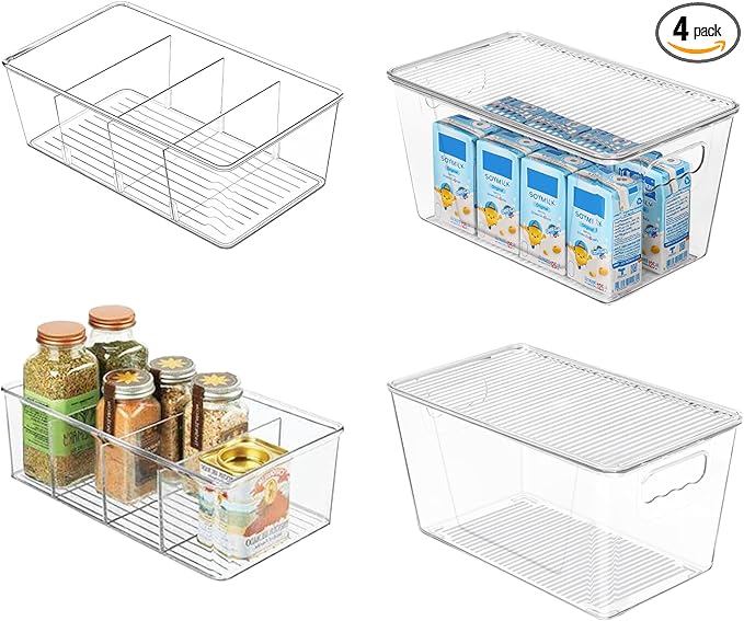 4 Pack Clear Plastic Storage Bins Snack Organizers with Lids Handle for Home Organization Kitchen Cabinet Fridge Laundry Room Office Closet Garage Freezer