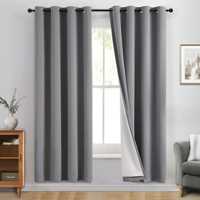 Yakamok 100% Blackout Curtain Panels 72 inches Cold and Light Blocking Drapes for Nursery, 2 Thick Layers Thermal Insulated Draperies (2 Pieces, 50 Wide Each Panel, Grey Front with White Backing)