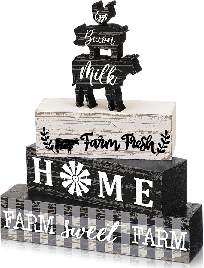 Geelin 4 Pcs Farmhouse Kitchen Signs Cow Rooster and Pig Decors Rustic Wooden Signs Country Table Centerpiece Tiered Tray Decor Table Top Sign for Home Kitchen