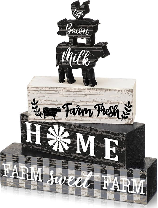Geelin 4 Pcs Farmhouse Kitchen Signs Cow Rooster and Pig Decors Rustic Wooden Signs Country Table Centerpiece Tiered Tray Decor Table Top Sign for Home Kitchen